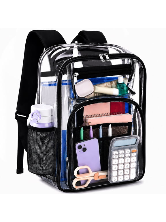 Large Clear Backpack, Heavy Duty PVC Clear Backpack for Stadium Events, 17 Inch Transparent Bag with Reinforced Strap for Women Men, See Through Multi Pocket Clear Bag for College Work Travel