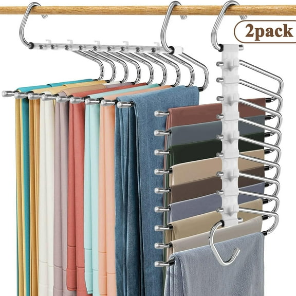 Aovky Pants Hangers Space Saving, 2 Pack Closet Organizer and Storage Clothes Jean Hangers, Multifunctional Pant Hangers Stainless Steel Anti-Slip Pants Rack for Jeans Skirts Scarf Legging Trousers