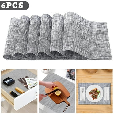 Aovky Placemats of 6, Washable Vinyl Place Mats for Kitchen Dining Table, Heat Resistant Indoor/Outdoor PVC Woven Placemats, Gray