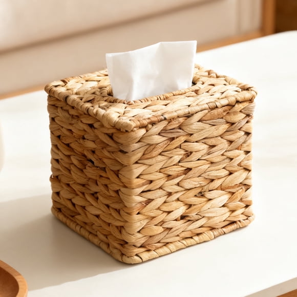 Aovky Rattan Tissue Box Cover Square, 5.7 x 5.7 x 5.9" Water Hyacinth Tissue Box Holder, Handwoven Wicker Decorative Facial Tissue Box for Bathroom, Living Room, Kitchen, Office, Table