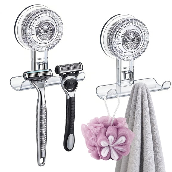 Aovky Razor Holder for Shower 2 Pack, Suction Cup Shower Razor Holder for Wall, Removable & Reusable Shower Hooks for Bathroom Damage-Free Shaver Holder for Shower Wall for Razor, Towel, Loofah, Clea