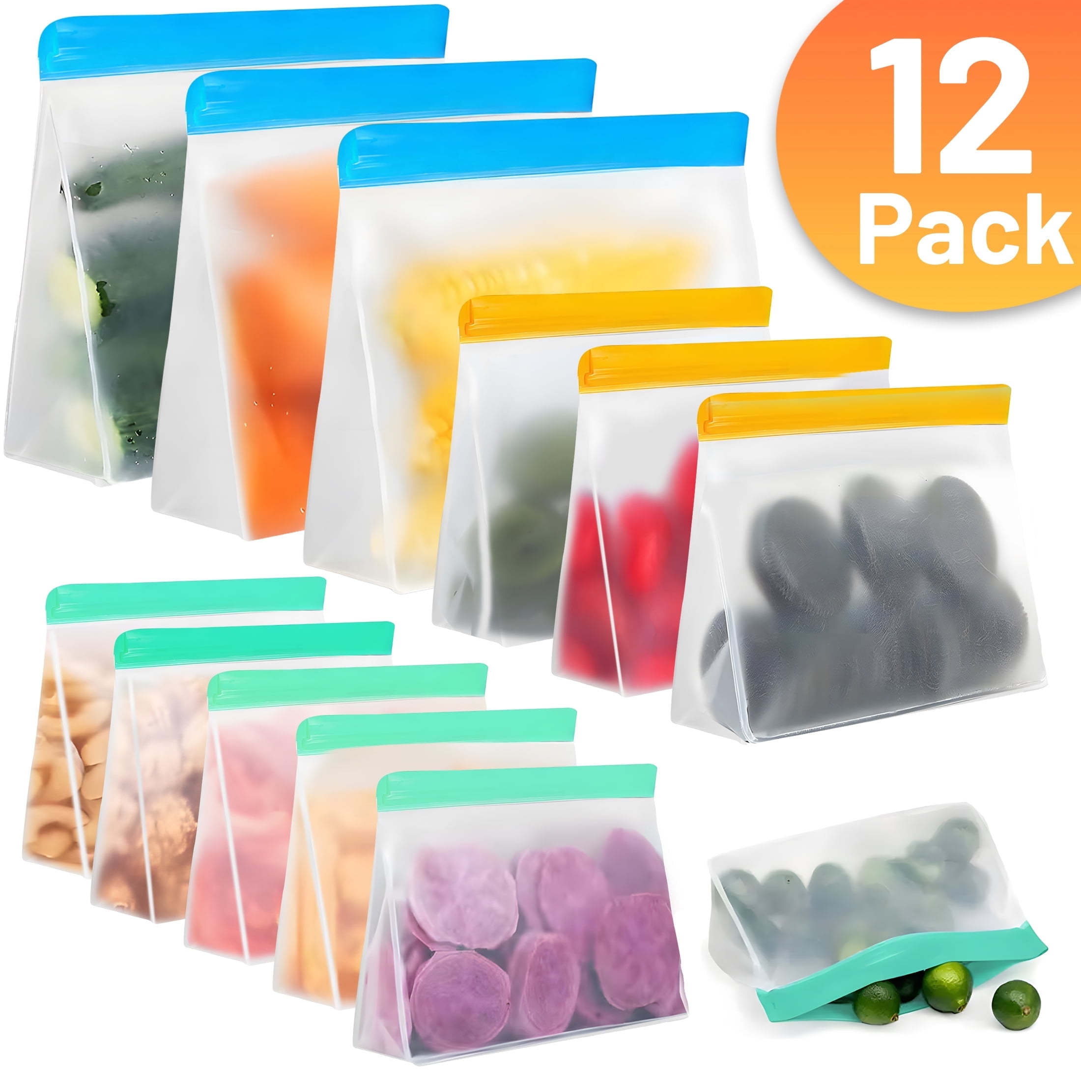 Aovky Reusable Freezer Bags Stand Up 12 Pack, Reusable Food Storage Bags Washable Leakproof Gallon Freezer Bags for Meals Fridge Travel Kitchen Organization (3 Gallon 3 Sandwich 6 Snack Bags)