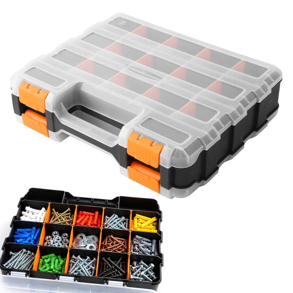 Aovky Screw Organizer Box, 34-Compartments Tools Box Organizer, Double Side Small Parts Organizer with Removable Dividers, Plastic Hardware Organizer for Screws Bolts Nuts Nails