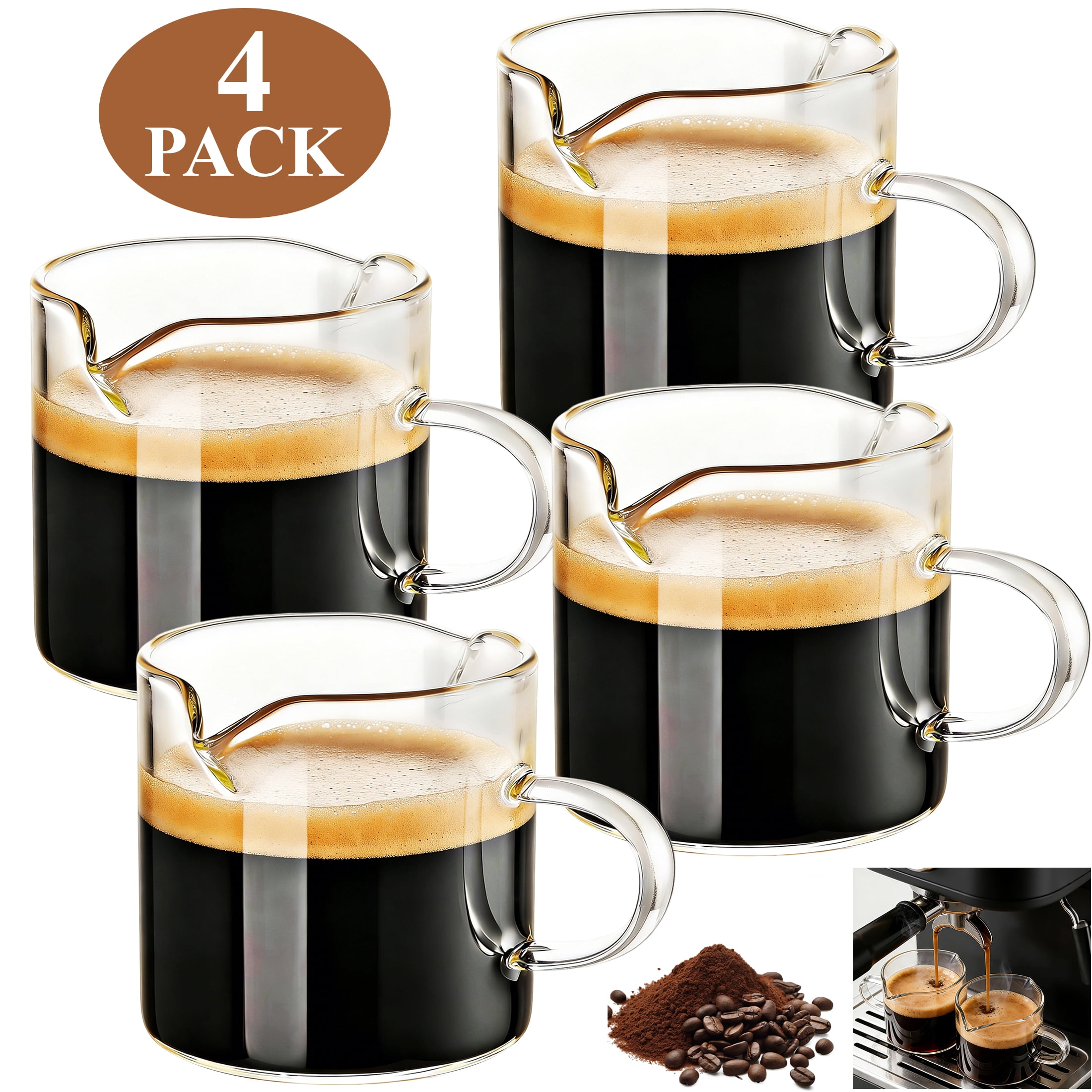 Aovky Set of 4 Espresso Cups, 4 oz Double Pour Spout Cups, Glass Espresso Shot Cups with Handle, Clear Glass Milk Cups for Espresso Machine Coffee Accessories