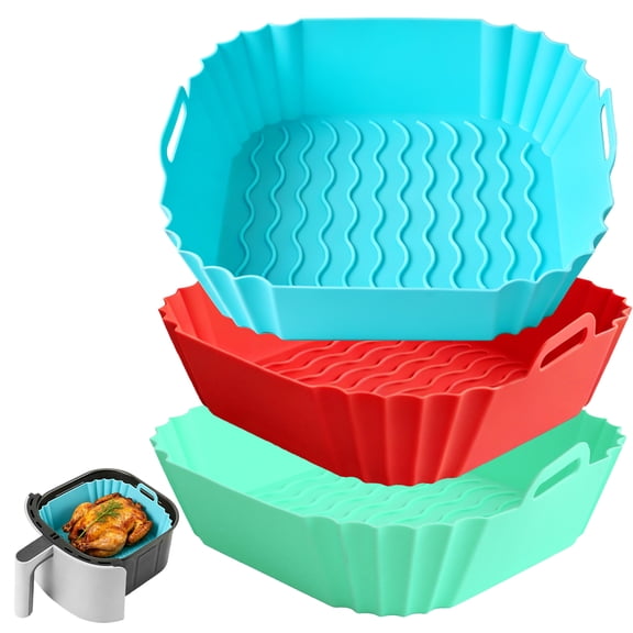 Aovky Silicone Air Fryer Liners 3 Pack, 8 Inch Square Reusable Air Fryer Liners, Silicone Baking Basket for 4 to 7 QT Pot, Oven, Microwave Accessories, (Red, Sky Blue, Mint Green)