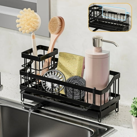Aovky Sponge Holder for Kitchen Sink, Sink Caddy with High Brush Holder, 360Self Drain Kitchen Sponge Caddy Organizer with Removable Dishcloth Rack for Countertop Storage Dish Soap Dispenser