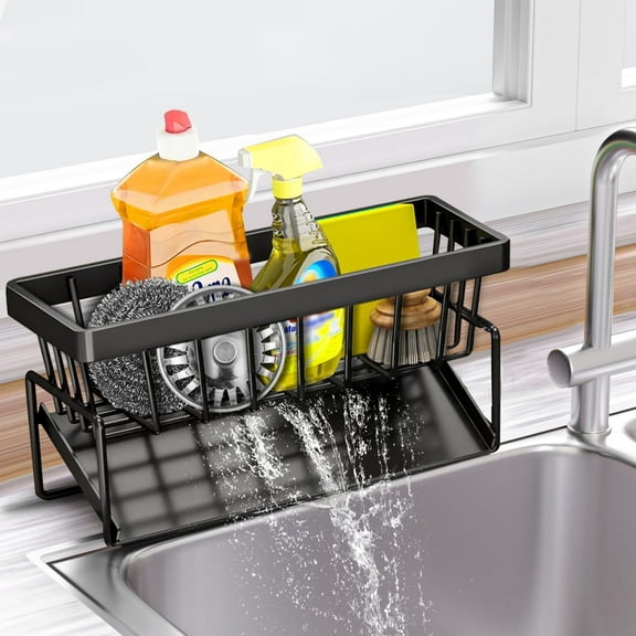 Aovky Sponge Holder for Kitchen Sink, Self Drain Kitchen Sink Caddy Organizer, Soap Dispenser Brush Holder Storage for Bathroom and Counter, Black