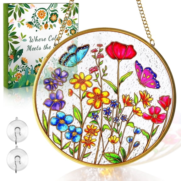 Aovky Stained Glass Window Hanging, 6 Inch Flower  Glass Panel with Metal Chain and Hooks Gold-Framed Sun Catcher for Window Wall Art Home Decor Gift for Women Mother's Day Christmas