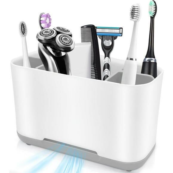 Aovky Toothbrush Holders for Bathrooms, Electric Toothbrush Toothpaste Holder with Adjustable Dividers and Drainage, 5 Slots Tooth Brush Holder Bathroom Accessories for Countertop Organizer, Gray