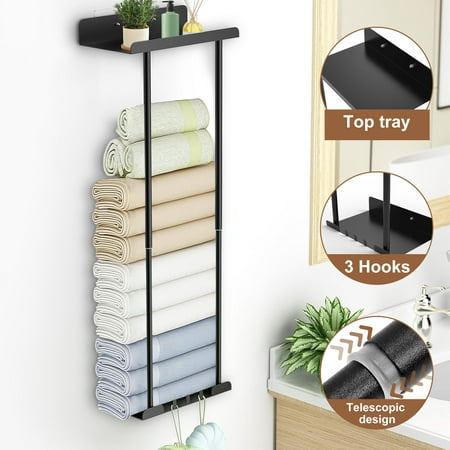 Aovky Towel Racks for Bathroom, Towel Storage Shelf Rack Wall Mounted, Retractable Metal Bath Towel Holder for Rolled Towels with Hooks, Black
