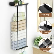 Aovky Towel Racks for Bathroom, Towel Storage Shelf Rack Wall Mounted, Retractable Metal Bath Towel Holder for Rolled Towels with Hooks, Black
