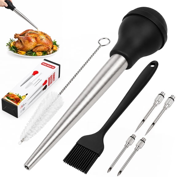 Aovky Turkey Baster for Cooking, Large Stainless Steel Baster Syringe with 4 Detachable Tips, Cleaning Brush & Silicone Basting Brush for Turkey, Chicken
