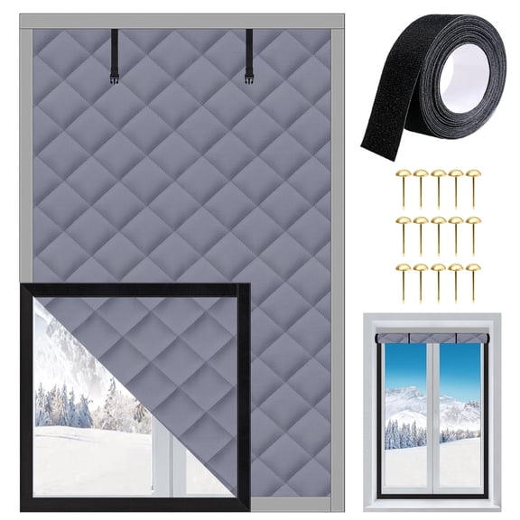 Aovky Thermal Insulated Window Cover for Winter, 36 x 60 inch 3-Layer Oxford Fabric Insulated Window Curtain with Thick Cotton Filling, Roll-up Window Blanket Kit with Hook & Loop to Keep Warm, Grey