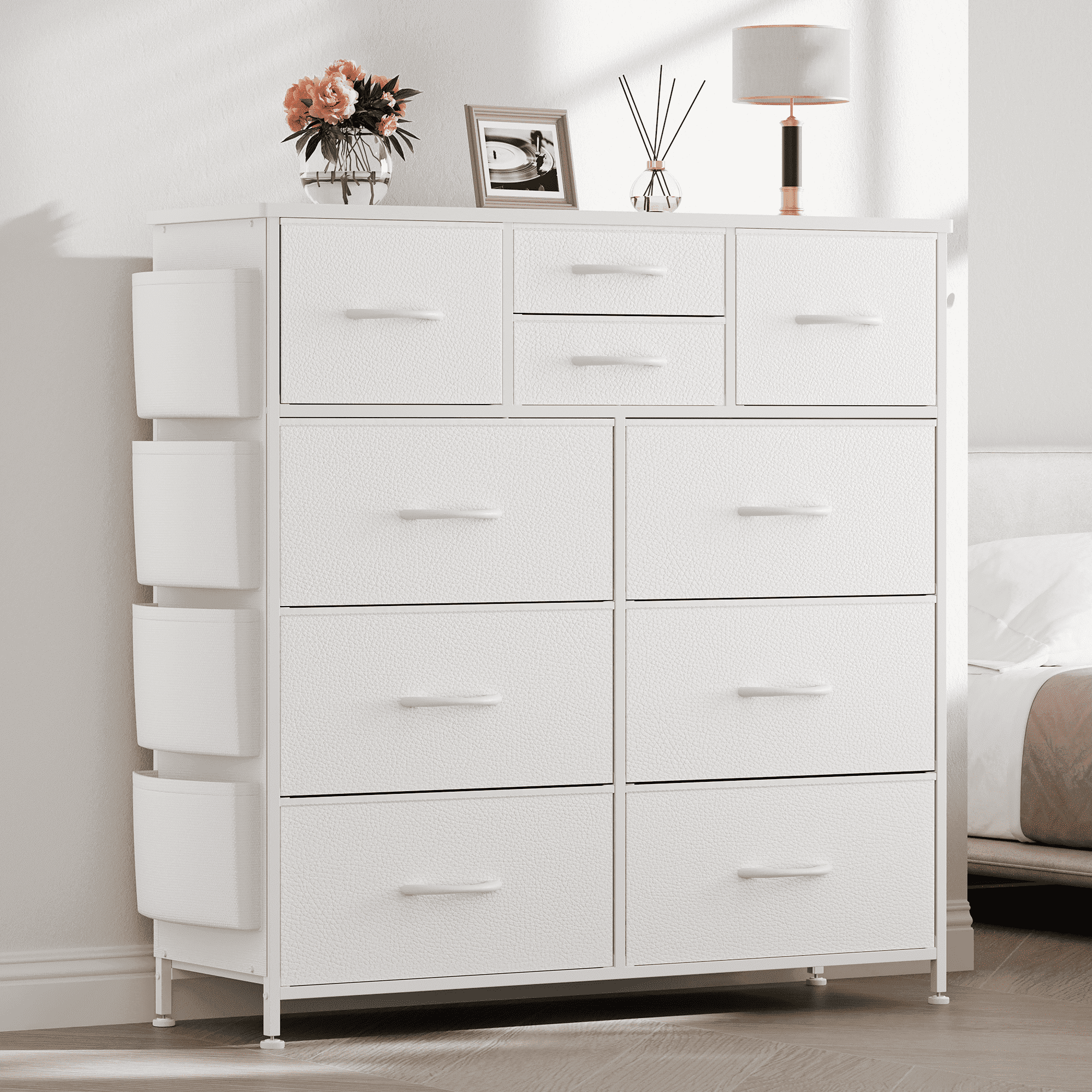 Aowos 10 Drawer Dresser, Chest of Drawers Dressers for Bedroom with 4 Side Pockets and 2 Hooks, White