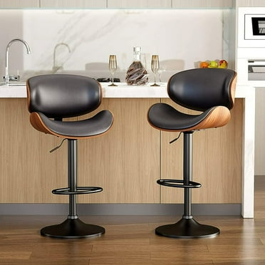 Aowos Bar Stools Modern Adjustable Swivel Barstools, Armless Kitchen Counter PU Leather Upholstered Bar Stool Island Barstool with Back Set of 2, Black
