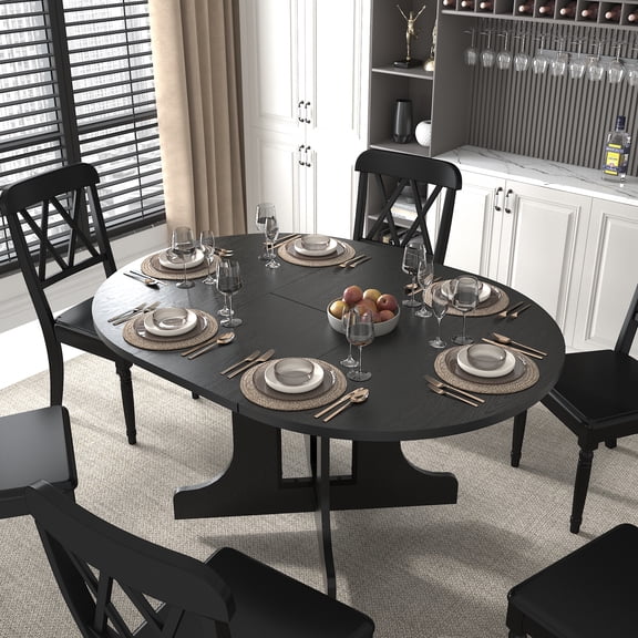 Aowos Dining Table for Farmhouse Kitchen 59x43 Inch Expandable Oval Table Top with Removable Leaf Trestle X Shaped Base Black