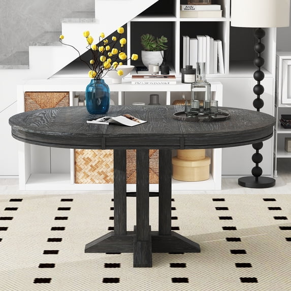 Aowos Farmhouse Dining Table Extendable Round Table for Kitchen, Dining Room(Black)