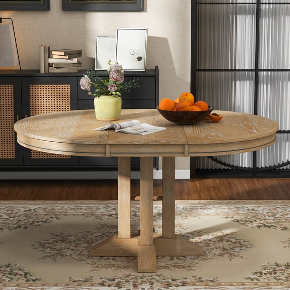 Aowos Farmhouse Dining Table Extendable Round Table for Kitchen, Dining Room(Natural Wood Wash)