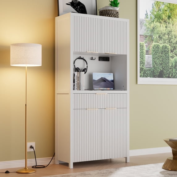 GIKPAL Fluted Pantry Cabinet, Pantry Storage Cabinet with Drawer Charging Station, Wooden Kitchen Hutch with Adjustable Shelves for Dining Living Room, White