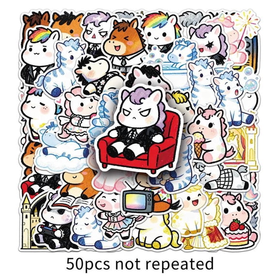 Aowplc Kawaii Rainbow Horse Animal Sticker Packs - 50-Pcs Waterproof Vinyl Adhesive Decals, Chibi Comic Character Accessories for Smartphone, Cellphone, Handheld Device Decor