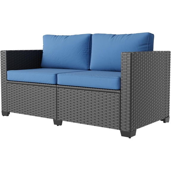 Aoxun 1 Piece Loveseats Patio Furniture Set, Wicker Outdoor Furniture Conversation Set with 4" Thick Cushions for Deck Yard and Poolside Navy Blue