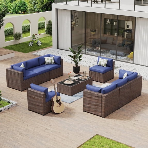 Aoxun 10 Piece Patio Furniture Set Wicker Rattan Patio Conversation Set Outdoor Sectional Sofa Set with Coffee Table and 4” Thickened Cushions, Blue(Waterproof Cover Included)