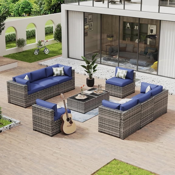 Aoxun 10 Piece Patio Furniture Set Wicker Rattan Patio Conversation Set Outdoor Sectional Sofa Set with Coffee Table and 4” Thickened Cushions, Blue(Waterproof Cover Included)