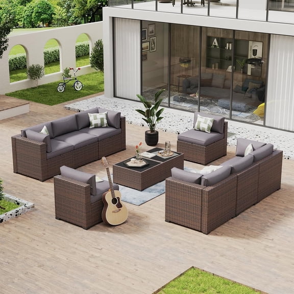 Aoxun 10 Piece Patio Furniture Set Wicker Rattan Patio Conversation Set Outdoor Sectional Sofa Set with Coffee Table and 4” Thickened Cushions, Gray (Waterproof Cover Included)