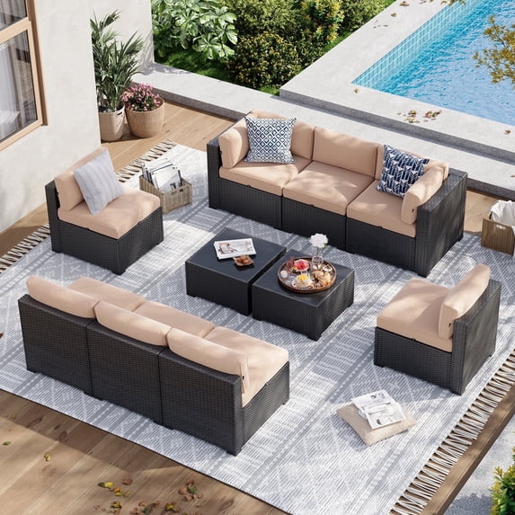Aoxun 10 Piece Patio Furniture Set Wicker Rattan Patio Sectional Sofa Set Outdoor Seating Furniture with Thickened Cushion, Beige (Include Waterproof Cover)