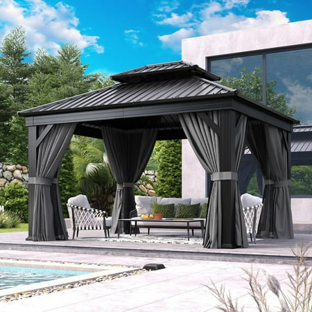 Aoxun 10' X 12' Hardtop Gazebo, Aluminum Outdoor Gazebo with Galvanized Steel Double Roof Canopy, Permanent Metal Gazebo with Privacy Curtain and Netting, for Garden, Backyard, Deck