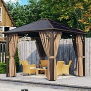 Aoxun 10 ft. x 10 ft. Hardtop Gazebo, Outdoor Aluminum Frame Permanent Pavilion with Curtains and Netting, Brown