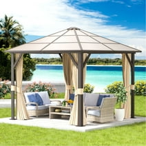 Aoxun 10 ft. x 10 ft. Hardtop Gazebo, Outdoor Aluminum Frame Permanent Pavilion with Curtains and Netting, Brown