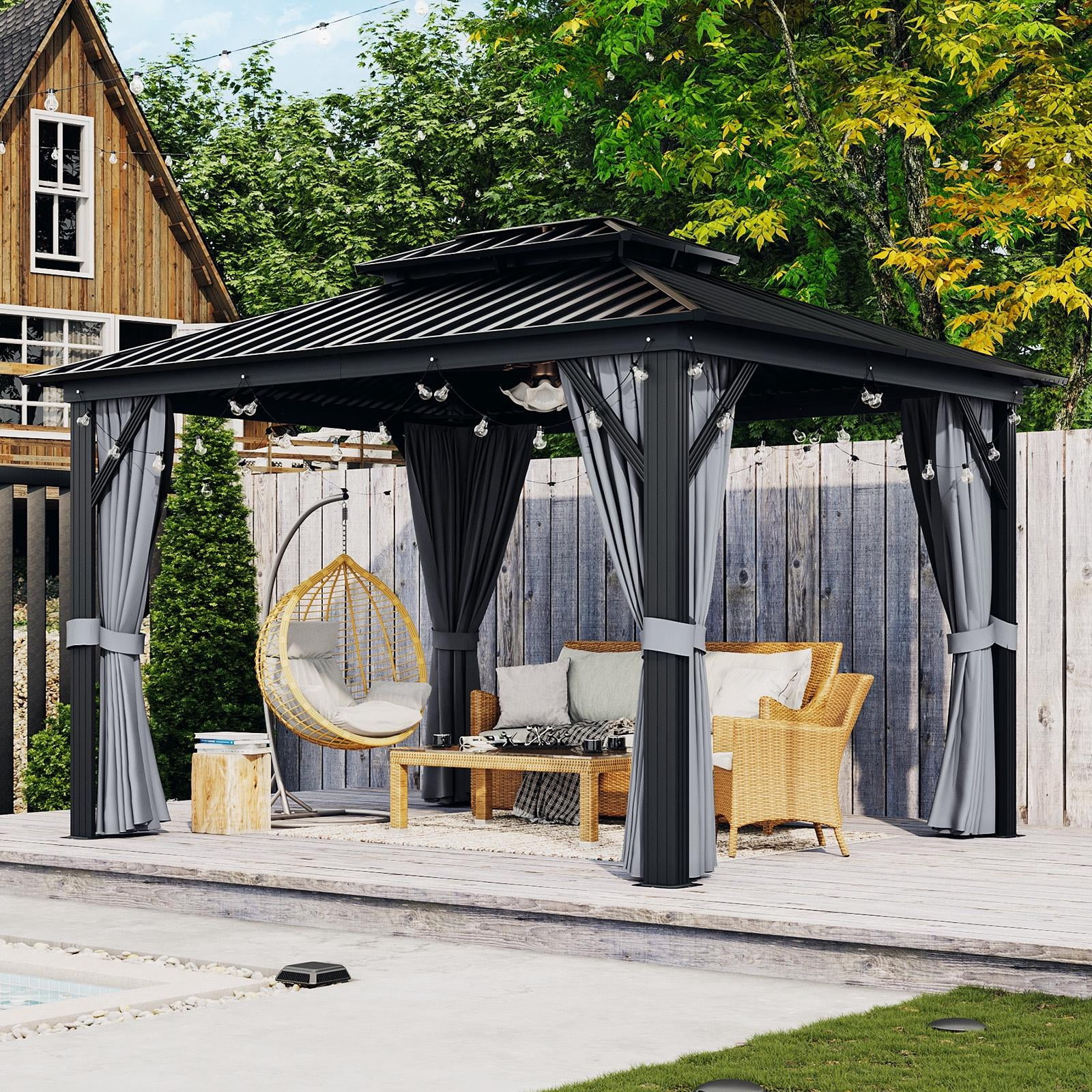 Aoxun 10 ft. x 12 ft. Hardtop Gazebo, Aluminum Frame Canopy with Double Galvanized Steel Roof Patio Gazebo, Outdoor Metal Pavilion with Netting, Curtains for Backyard, Patio and Deck