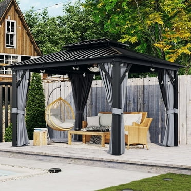 Aoxun 10 ft. x 12 ft. Hardtop Gazebo, Aluminum Frame Canopy with Double Galvanized Steel Roof Patio Gazebo, Outdoor Metal Pavilion with Netting, Curtains for Backyard, Patio and Deck