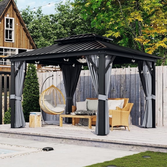 Aoxun 10'x12' Hardtop Gazebo, Aluminum Frame Canopy with Double Galvanized Steel Roof Patio Gazebo, Outdoor Metal Pavilion with Netting, Curtains for Backyard, Patio and Deck