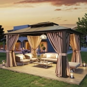 Aoxun 10 ft. x 12 ft. Hardtop Gazebo, Double Polycarbonate Roof Aluminum Frame Gazebo W/Curtain and Netting, Brown