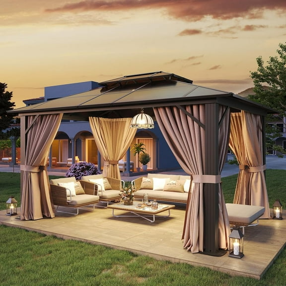 Aoxun 10 ft. x 12 ft. Hardtop Gazebo, Double Polycarbonate Roof Aluminum Frame Gazebo W/Curtain and Netting, Brown