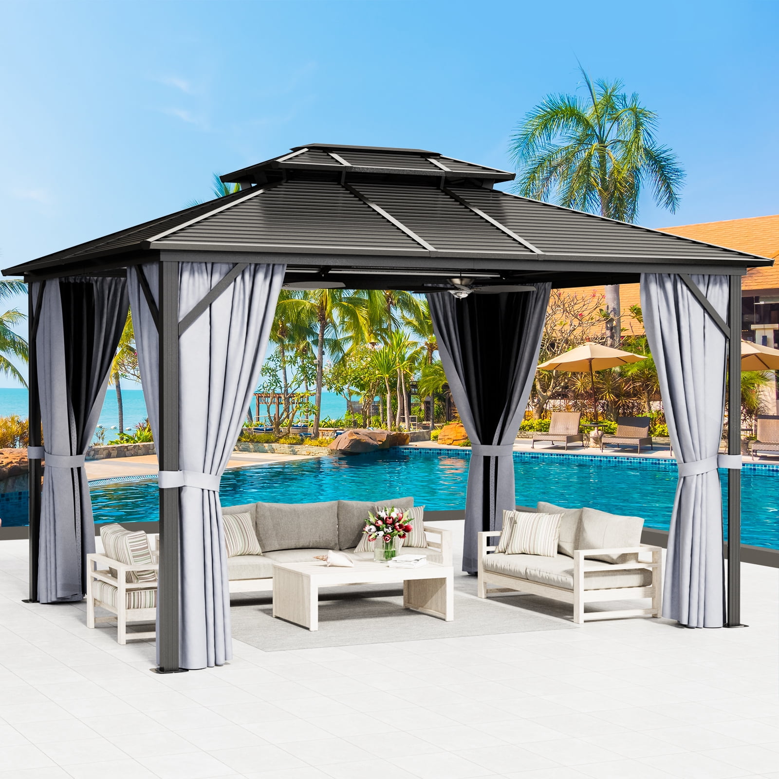 10'x12' Grey Aluminum and Steel Outdoor Gazebo with Curtains