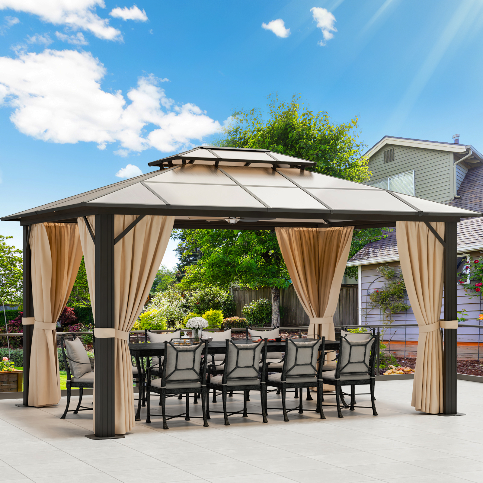 Sunjoy Katy 10 ft. x 12 ft. Brown and Tan 2tier Steel Gazebo with