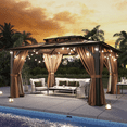 thumbnail image 1 of Aoxun 10' x 12' Hardtop Gazebo, Double Polycarbonate Roof Aluminum Frame Gazebo W/Curtain and Netting, and LED Outdoor Waterproof Hanging Lights,Brown, 1 of 7