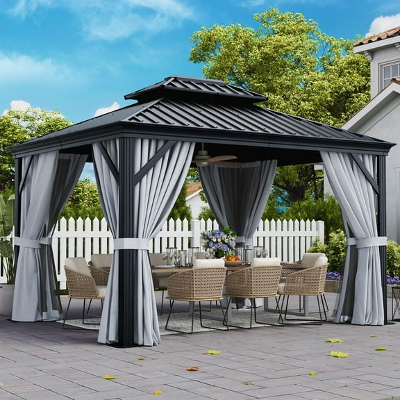 Aoxun 10' x 12' Hardtop Gazebo, Galvanized Steel Double Top, Permanent Aluminum Gazebo, Outdoor Metal Gazebo with Privacy Curtains and Mosquito Netting, for Parties, Gardens, Decks, Patios, Lawns