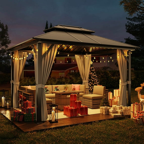 Aoxun 10’ x 12’ Hardtop Gazebo, Outdoor Aluminum Frame Double Roof Patio Gazebo with Netting and Curtains for Backyards, Gardens and Lawns, Gray