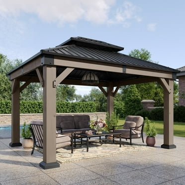 Aoxun 10' x 12' Outdoor Wood Gazebo, Hardtop Gazebo Permanent Wooden Pavilion with Galvanized Steel Double Roof, for Patio, Garden, Deck, Cedar Wood