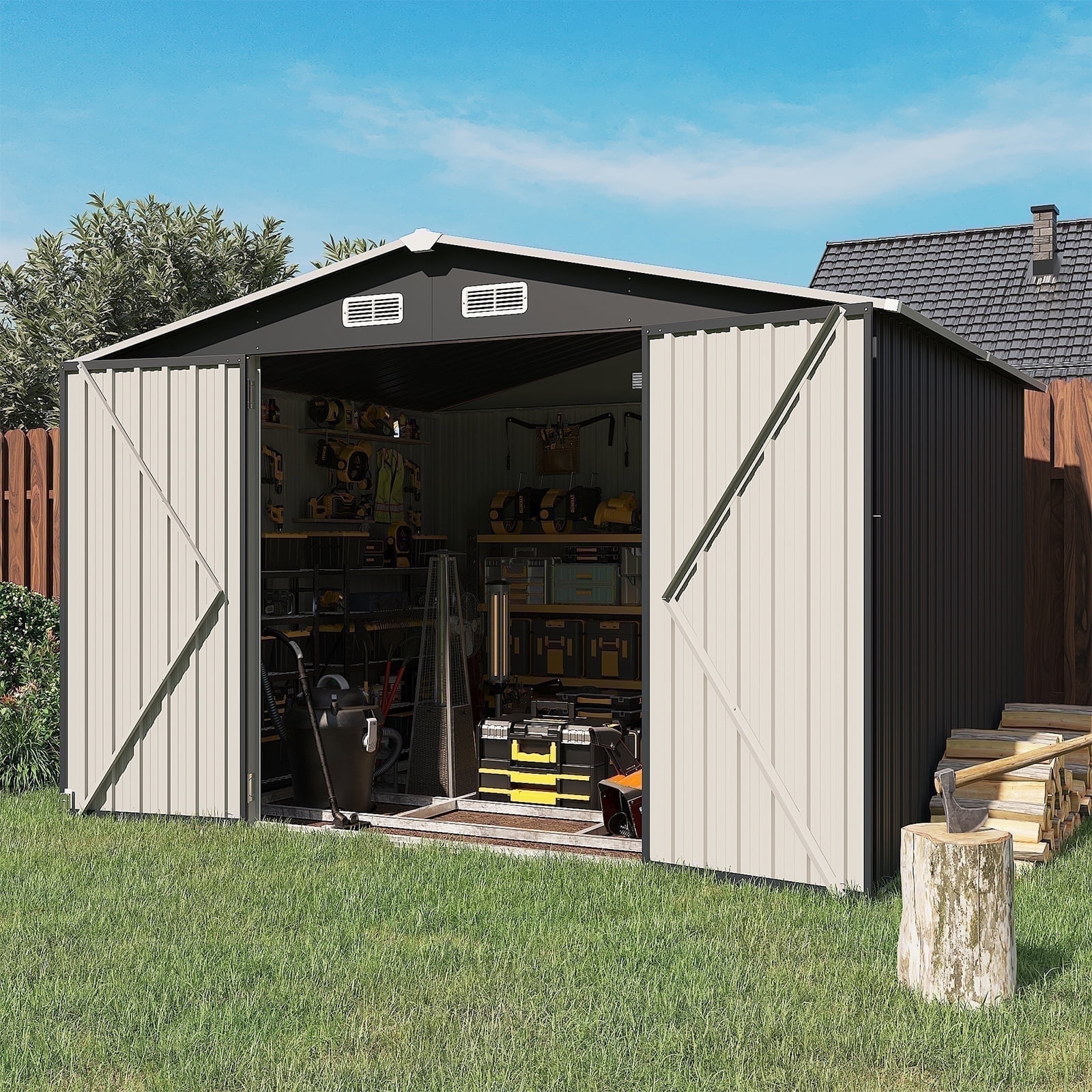 Aoxun 10'x 8' Metal Outdoor Shed with Base Frame, Lockable Door