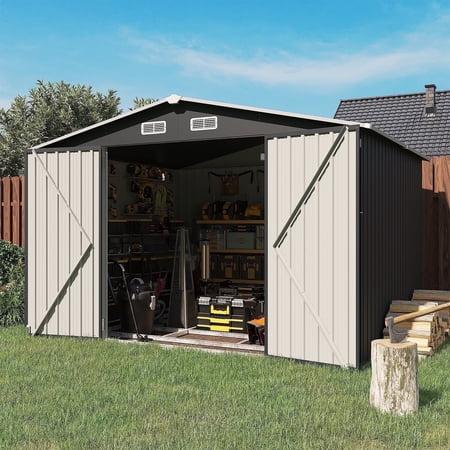 Aoxun 10'x 8' Outdoor Storage Shed with Base Frame, Lockable Door, Galvanized Steel, Black