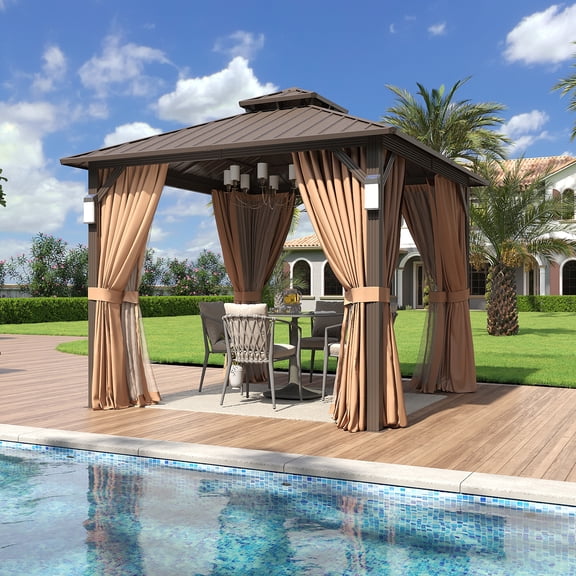 Aoxun 10'x10' Hardtop Gazebo with 4 LED Lights, Outdoor Gazebo with Galvanized Steel Double Roof, Patio Gazebo with Breathable Netting & Privacy Curtain, Decor Hooks for Backyard, Brown