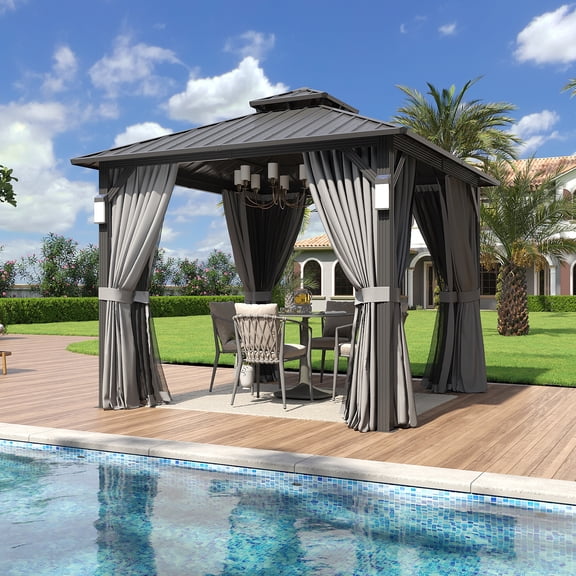 Aoxun 10'x10' Hardtop Gazebo with 4 LED Lights, Outdoor Gazebo with Galvanized Steel Double Roof, Patio Gazebo with Breathable Netting & Privacy Curtain, Decor Hooks for Backyard, Gray