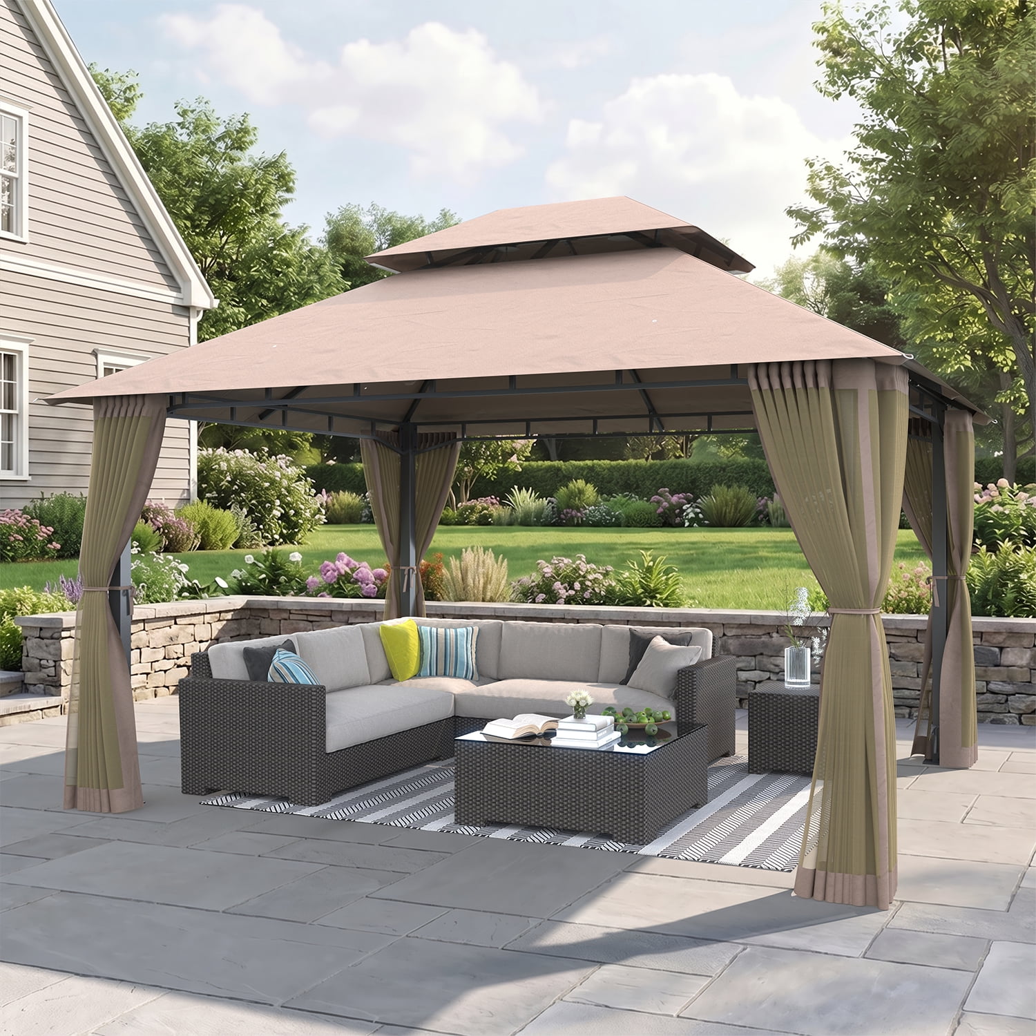 10x12 FT Patio Gazebo with Double-Layer Roof & Mosquito Netting, Heavy-Duty Metal Frame Canopy for Outdoor, Garden, Deck, and Backyard, Beige