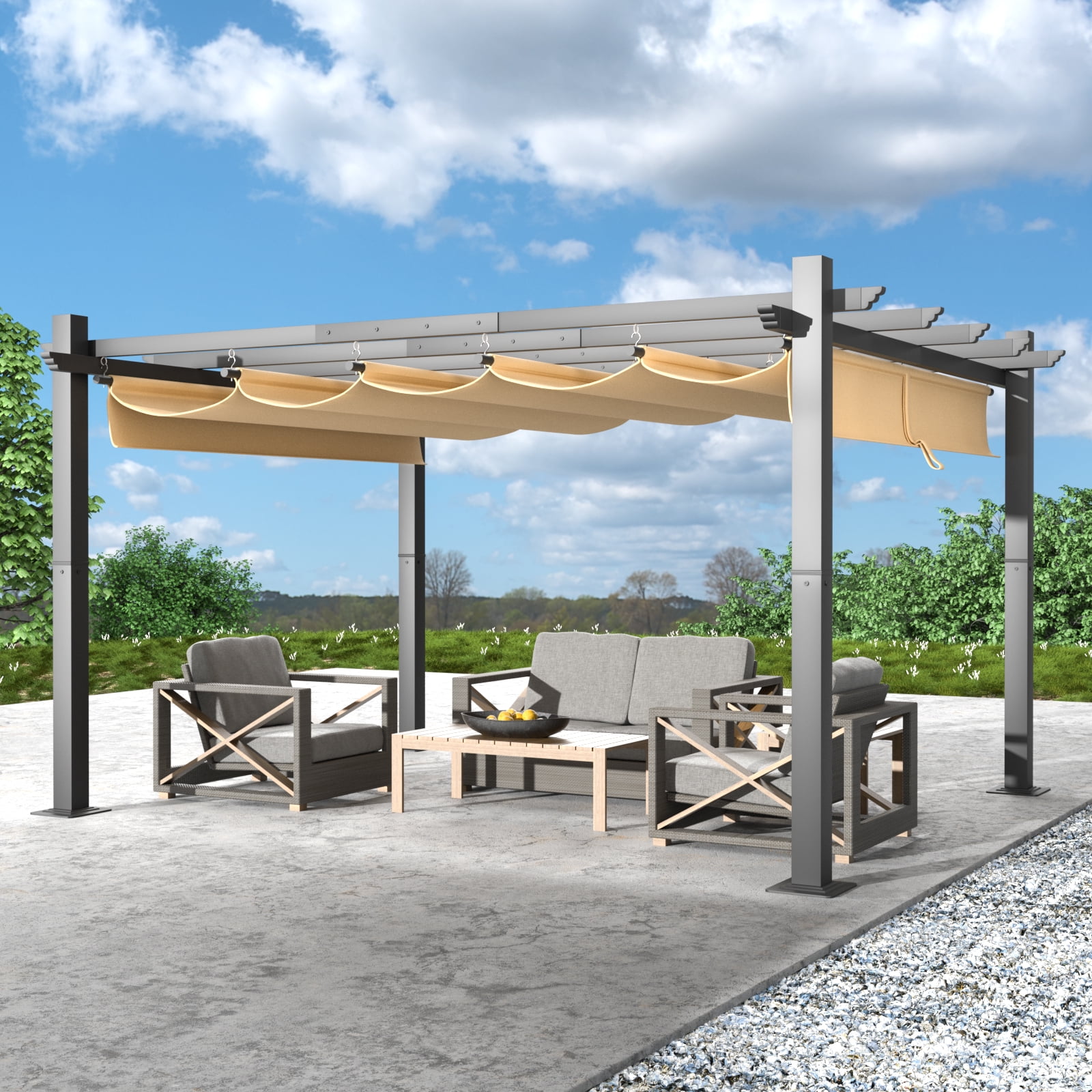 Aoxun 10'x10' Outdoor Retractable Pergola, with SunProof Canopy, Patio