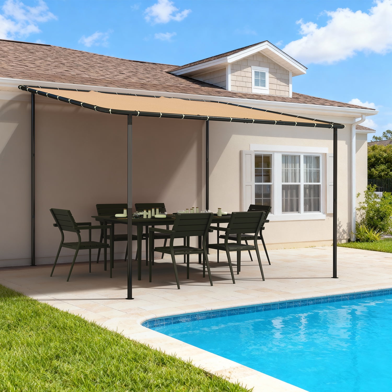 Dateyes 10'x12' Wall-Mounted Metal Gazebo , Water-Resistant Khaki Canopy with UV Protection for Patio & Garden.
